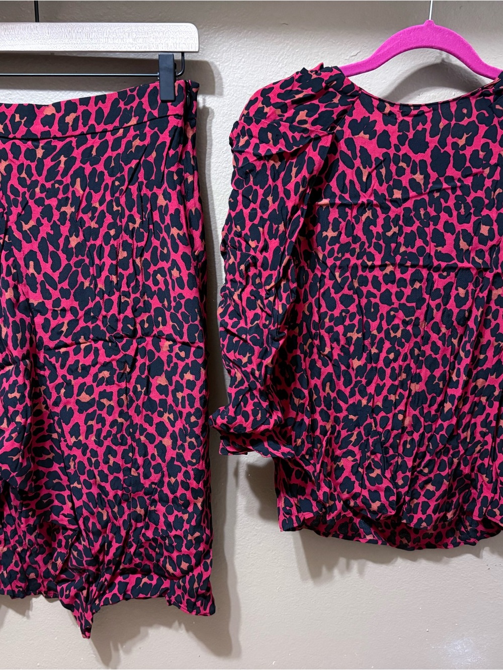 Zara Basic Bold Pink and Black Leopard Print 2-Piece Set - Top & Midi Skirt